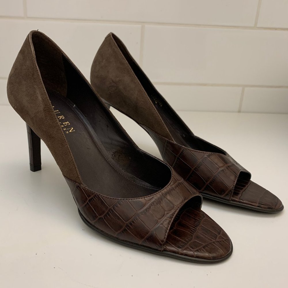 Lauren by Ralph Lauren - Open Toe Brown Leather Women's Pumps Size 7.5